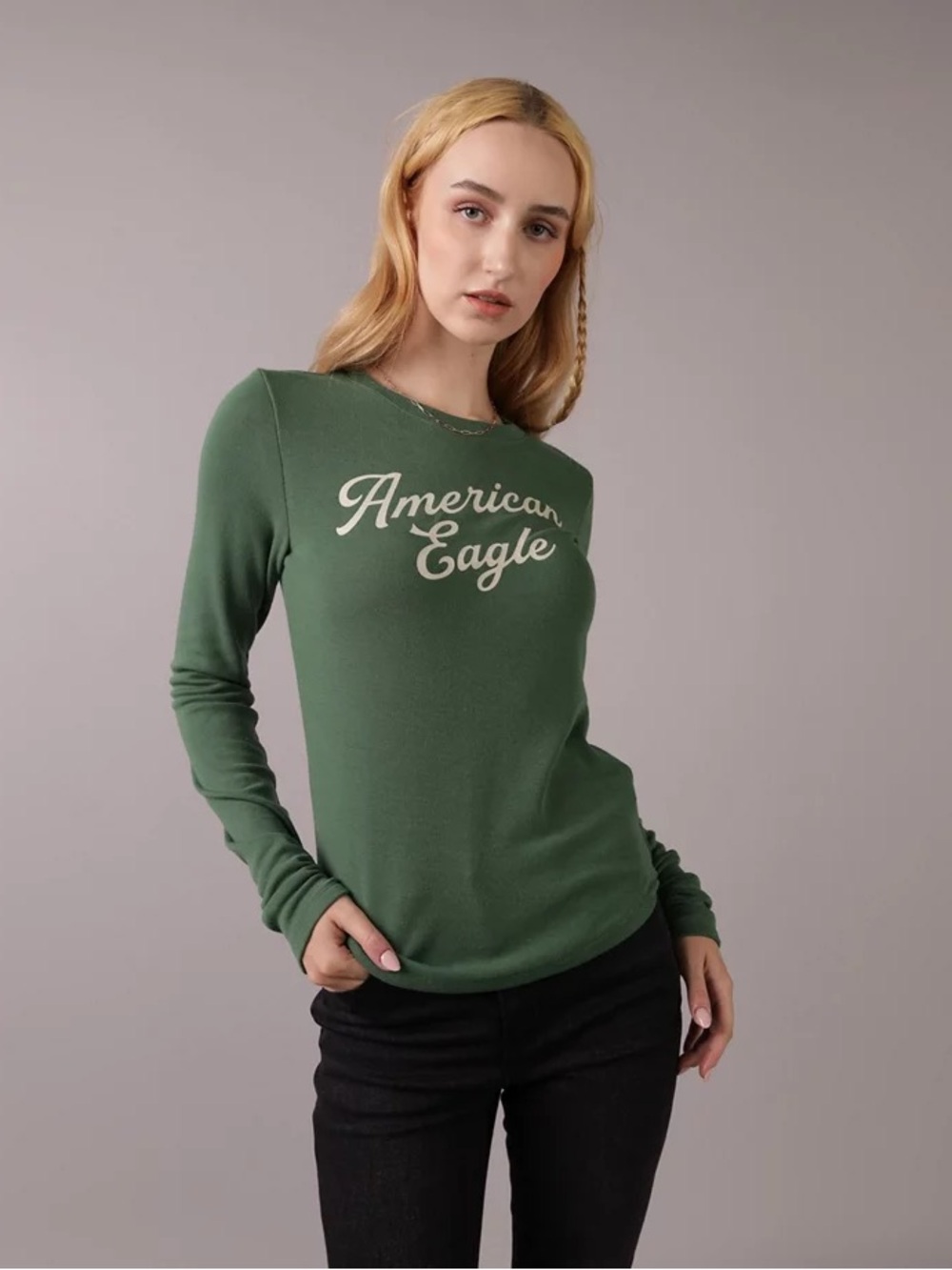 American Eagle Green Long-Sleeve Long & Lean Logo Graphic Thermal T-Shirt